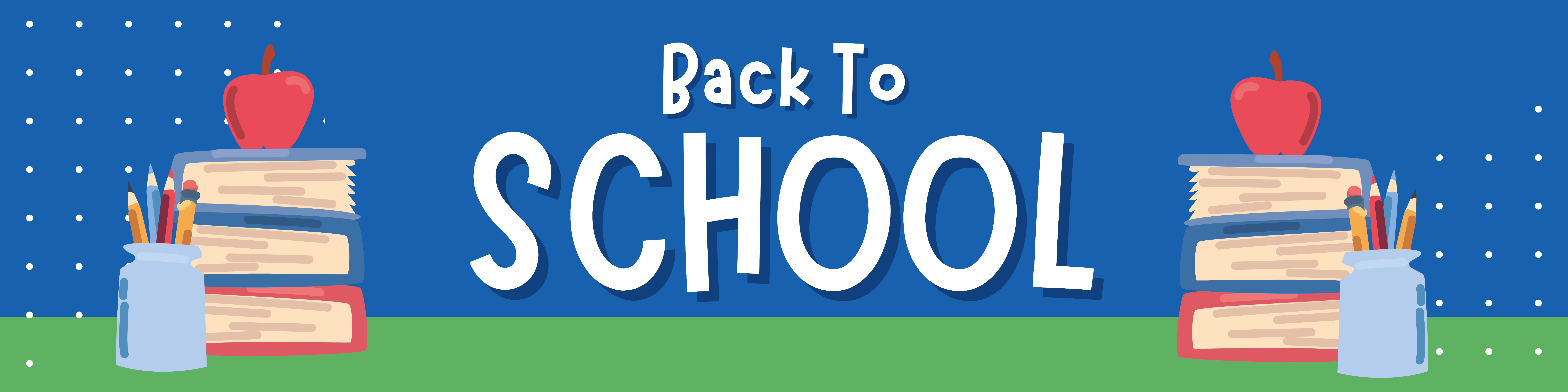 Back to school graphic with books, pencils, and an apple on each side of the text